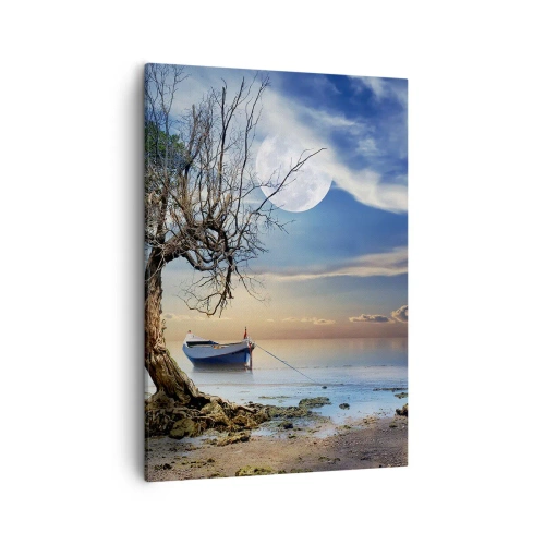 Obraz na płótnie - Łódź na spokojnej wodzie przy drzewie z widokiem na księżyc - 50x70cm - To koniec czy początek? - Nowoczesna dekoracja ścienna do salonu, kuchni i sypialni ARTTOR