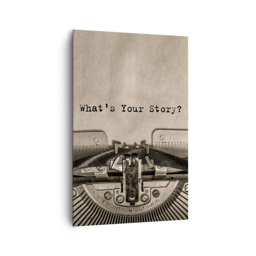 Obraz na płótnie - Maszyna do pisania z napisem What’s Your Story? - 80x120cm - Opowiedz mi - Nowoczesna dekoracja ścienna do salonu i sypialni ARTTOR