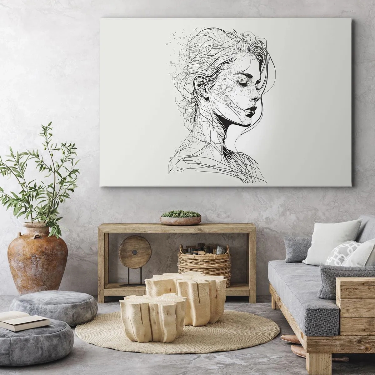 Obraz na płótnie - Delikatny portret kobiety w minimalistycznym stylu graficznym - 70x50cm - Portret w zamyśleniu - Nowoczesna dekoracja ścienna do salonu i sypialni ARTTOR