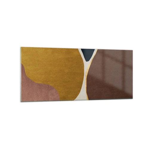 Obraz na szkle - Abstrakcyjna kompozycja z geometrycznymi kształtami w ciepłych barwach - 120x50cm - Abstrakcja – miejsce w przestrzeni - Nowoczesna dekoracja ścienna do salonu i sypialni ARTTOR