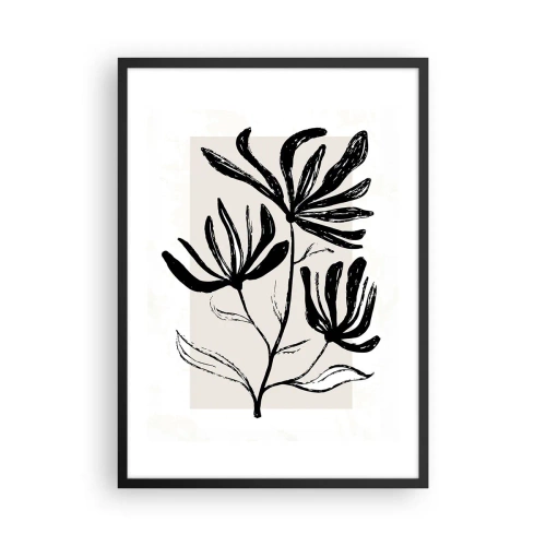 Plakat w czarnej ramie - Czarno-biała ilustracja kwiatów na beżowym tle - 50x70cm - Szkic do zielnika - Nowoczesna dekoracja ścienna do salonu i sypialni ARTTOR