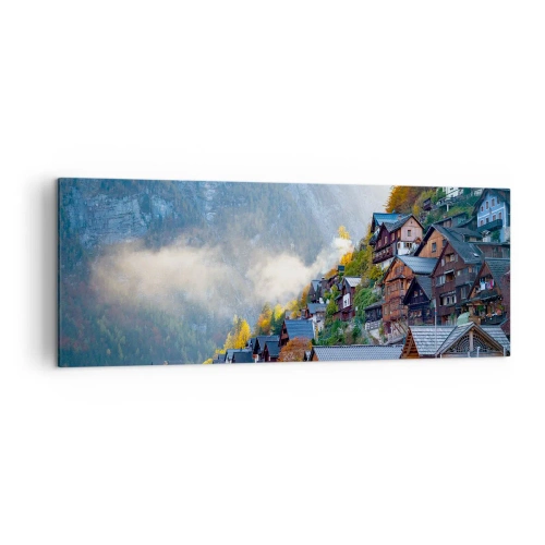Obraz na płótnie - Górska wioska nad jeziorem w jesiennej scenerii - 140x50cm - Alpejskie klimaty - Nowoczesna dekoracja ścienna do salonu i sypialni ARTTOR