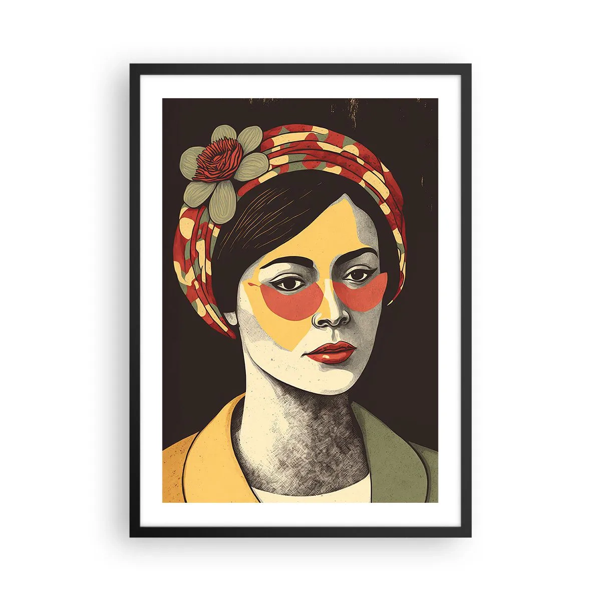 Plakat w czarnej ramie - Stylizowany portret kobiety w turbanie z kwiatowym akcentem - 50x70cm - Koralowa dama - Nowoczesna dekoracja ścienna do salonu i sypialni ARTTOR