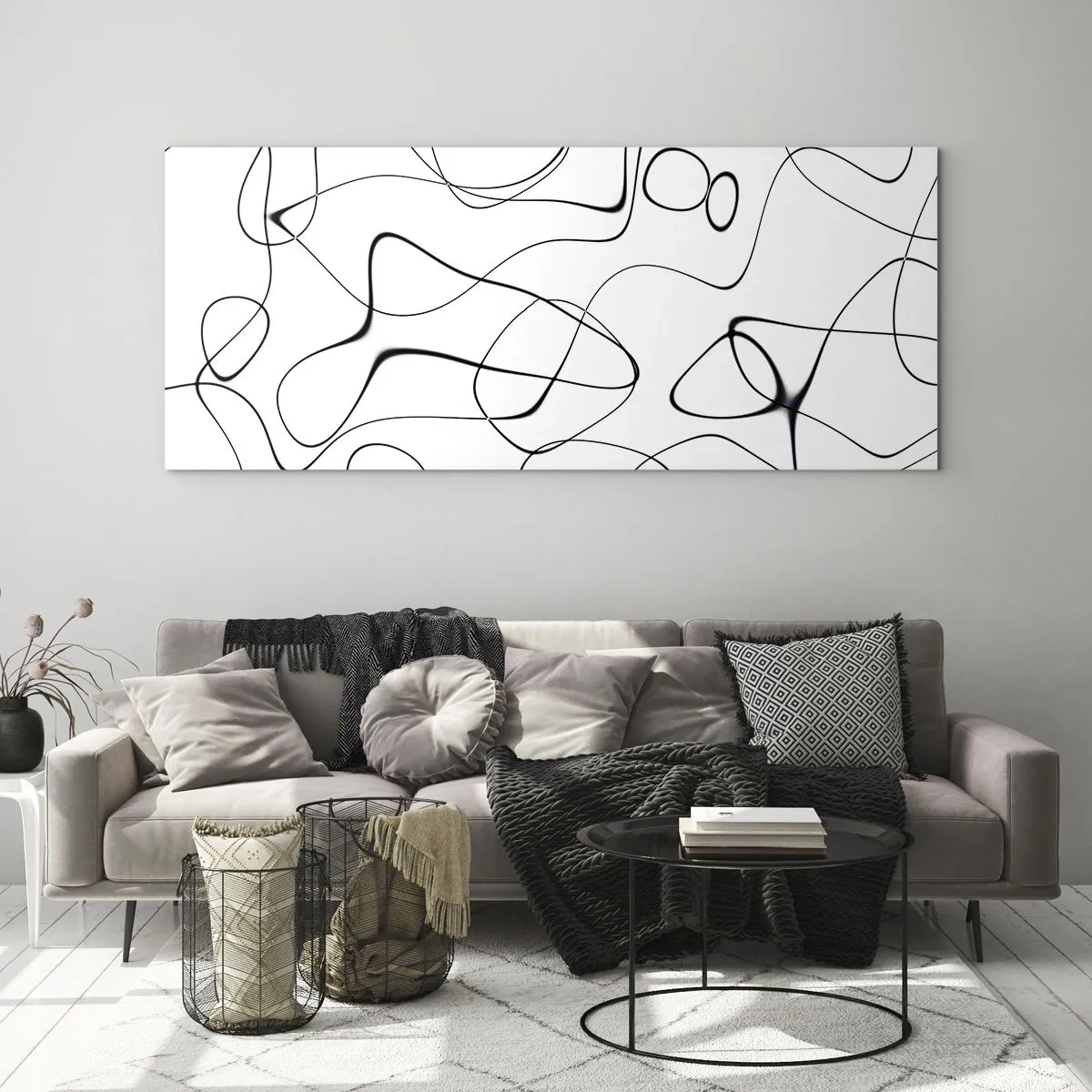 Obraz na szkle - Abstrakcyjne czarne linie na białym tle w minimalistycznym stylu - 140x50cm - Ścieżki życia, koleje losu - Nowoczesna dekoracja ścienna do salonu i sypialni ARTTOR