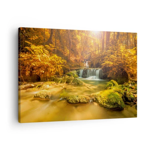 Obraz na płótnie - Złocisty wodospad w jesiennym lesie otoczony zielenią - 70x50cm - Leśna kaskada w złocie - Nowoczesna dekoracja ścienna do salonu i sypialni ARTTOR