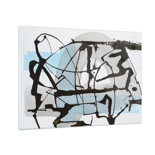 Obraz na szkle - Abstrakcyjna kompozycja z czarnym szkicem i błękitnymi plamami - 70x50cm - Mimo wszystko błękitny - Nowoczesna dekoracja ścienna do salonu i sypialni ARTTOR