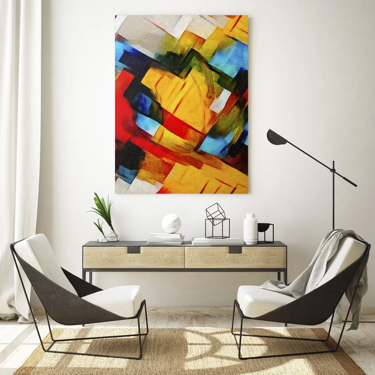 Obraz na szkle - Abstrakcyjna kompozycja geometrycznych kształtów - 50x70cm - Różnobarwny przekładaniec - Nowoczesna dekoracja ścienna do salonu, kuchni i sypialni ARTTOR