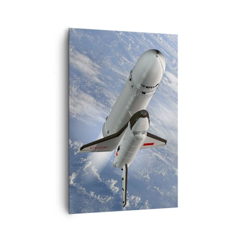 Obraz na płótnie - Wznosząca się rakieta kosmiczna na tle Ziemi - 80x120cm - Kosmiczne wniebowstąpienie - Nowoczesna dekoracja ścienna do salonu i sypialni ARTTOR