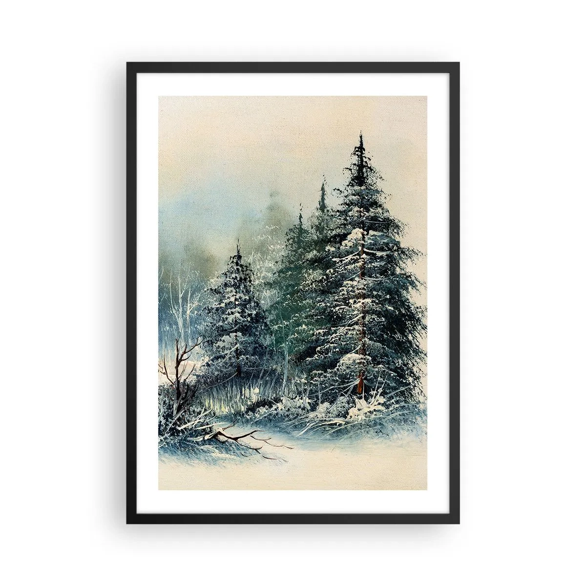 Plakat w czarnej ramie - Ośnieżone drzewa w zimowym lesie na tle spokojnego nieba - 50x70cm - Gotowe do Świąt - Nowoczesna dekoracja ścienna do salonu i sypialni ARTTOR