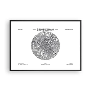 Plakat w czarnej ramie - Minimalistyczna mapa Birmingham w czarno-białej kolorystyce z precyzyjnymi detalami - 100x70cm - Anatomia Birmingham - Nowoczesna dekoracja ścienna do salonu i sypialni ARTTOR