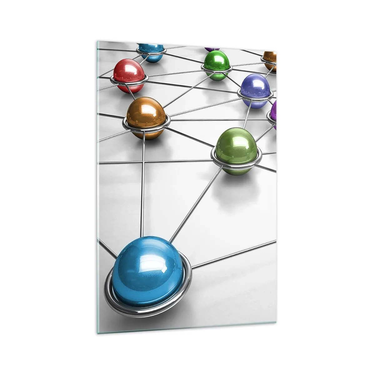 Obraz na szkle - Kolorowe kulki połączone cienkimi liniami na białym tle - 70x100cm - Kosmiczna pajęczyna - Nowoczesna dekoracja ścienna do salonu i sypialni ARTTOR