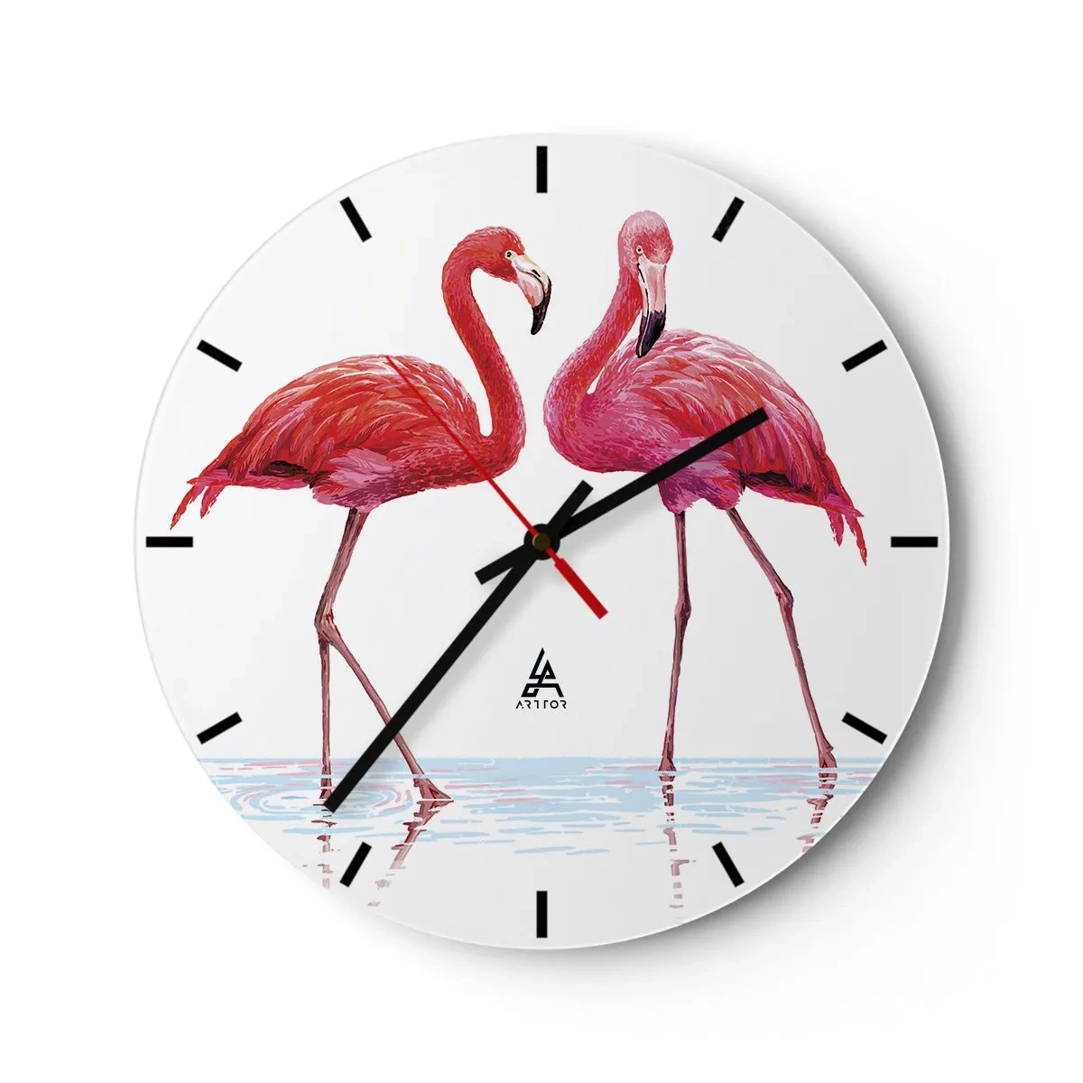 Zegar ścienny - Dwa różowe flamingi stojące w wodzie - 30x30cm - Różowe randez-vous - Nowoczesna dekoracja ścienna do salonu, kuchni i sypialni ARTTOR