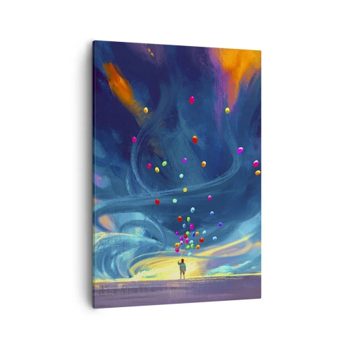 Obraz na płótnie - Fantastyczna scena z unoszącymi się balonami na tle nieba - 50x70cm - Na niebieski wiatr - Nowoczesna dekoracja ścienna do salonu, kuchni i sypialni ARTTOR