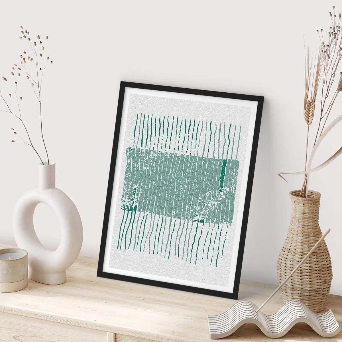 Plakat w czarnej ramie - Minimalistyczna kompozycja linii i tekstury w odcieniach zieleni - 50x70cm - Abstrakcja morska - Nowoczesna dekoracja ścienna do salonu i sypialni ARTTOR