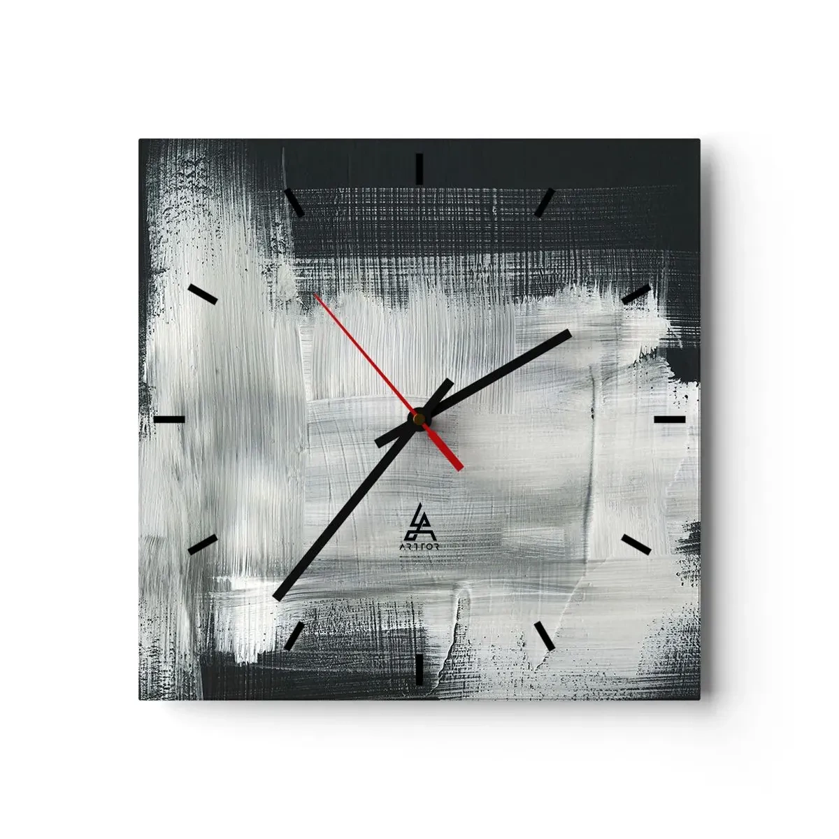 Zegar ścienny - Białe abstrakcyjne pociągnięcia na ciemnym tle - 30x30cm - Utkane z pionu i poziomu - Nowoczesna dekoracja ścienna do salonu i sypialni ARTTOR
