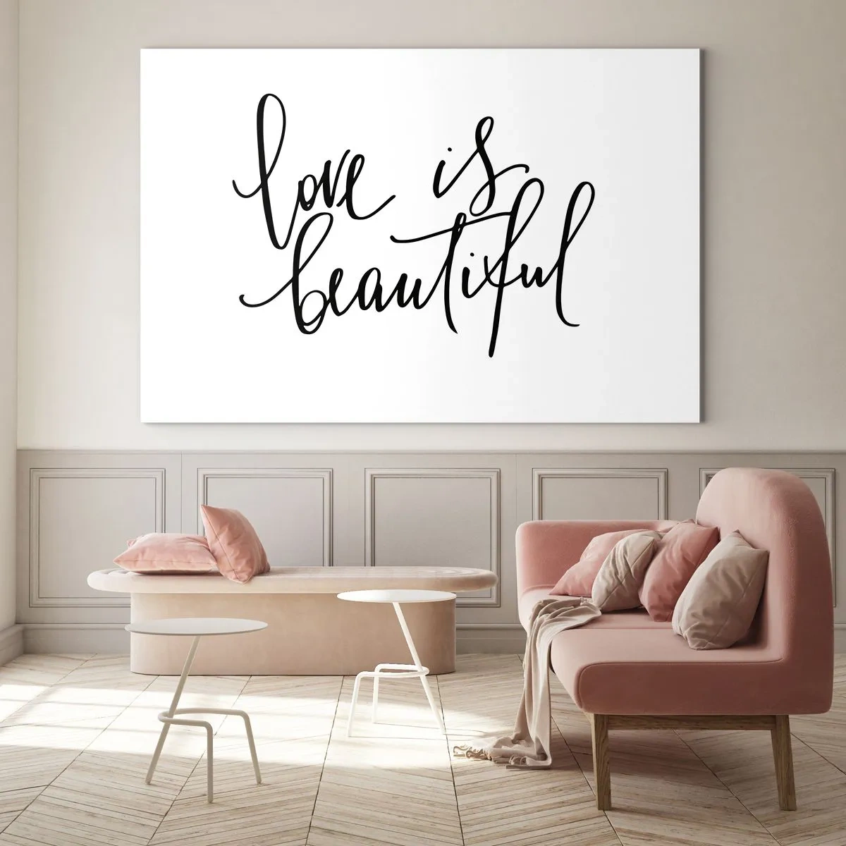 Obraz na szkle - Cytat 'love is beautiful' w eleganckim, odręcznym stylu na białym tle - 70x50cm - Czytaj i powtarzaj - Nowoczesna dekoracja ścienna do salonu i sypialni ARTTOR