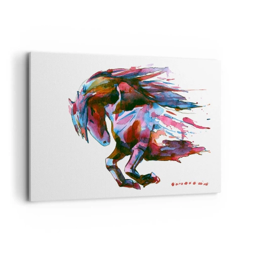 Obraz na płótnie - Koń w dynamicznych abstrakcyjnych barwach symbolizujący wolność - 120x80cm - W uniesieniu - Nowoczesna dekoracja ścienna do salonu, kuchni i sypialni ARTTOR