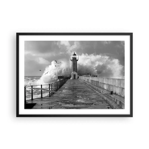 Plakat w czarnej ramie - Latarnia morska otoczona przez fale podczas sztormu - 70x50cm - Nieustraszona  - Nowoczesna dekoracja ścienna do salonu i sypialni ARTTOR