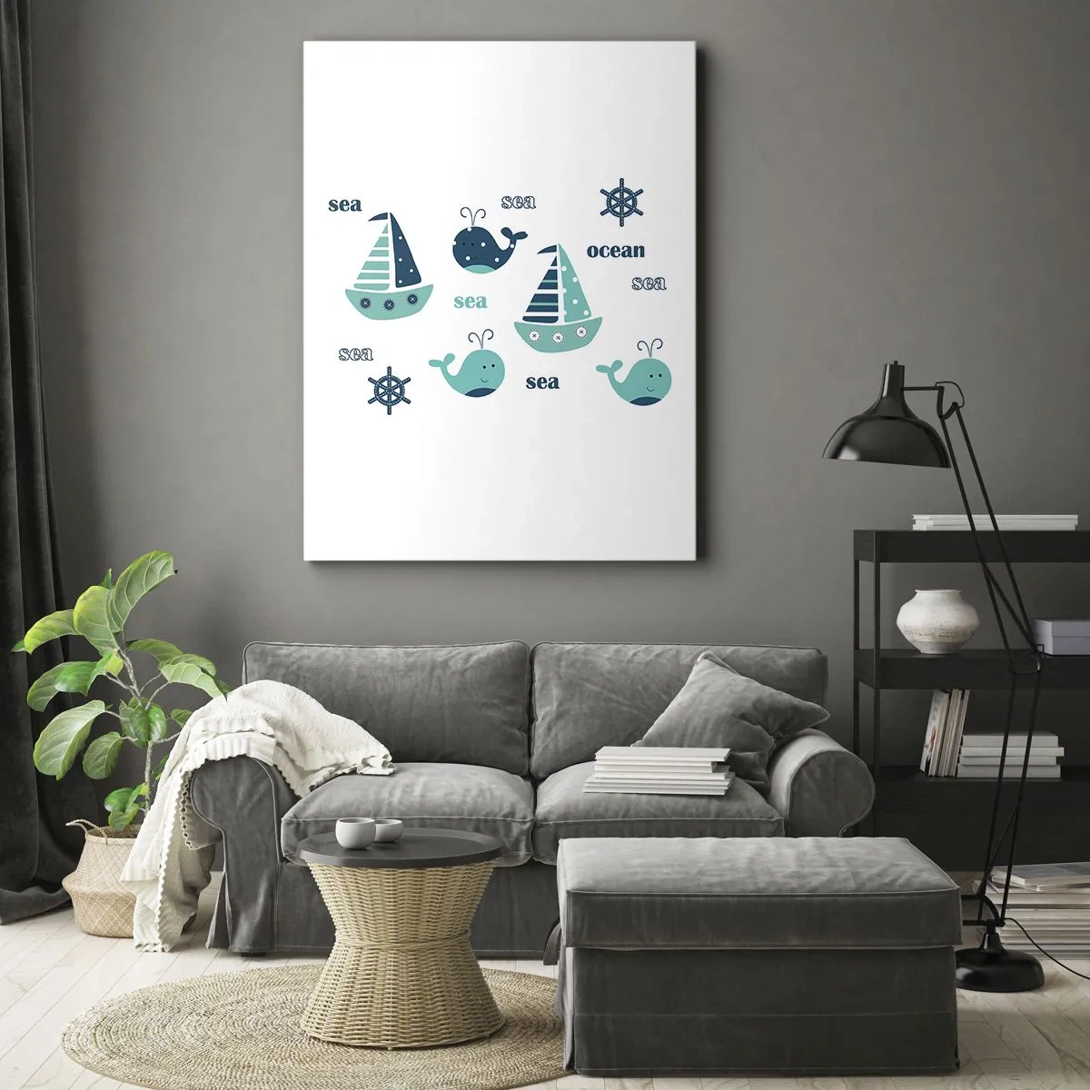 Obraz na płótnie - Marynistyczna ilustracja z łódkami i wielorybami - 50x70cm - Przez morza i oceany - Nowoczesna dekoracja ścienna do salonu, kuchni i sypialni ARTTOR
