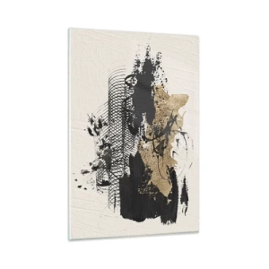 Obraz na szkle - Abstrakcyjny obraz w czerni i złocie z dynamicznymi liniami i strukturami - 80x120cm - Kompozycja z pasją - Nowoczesna dekoracja ścienna do salonu i sypialni ARTTOR