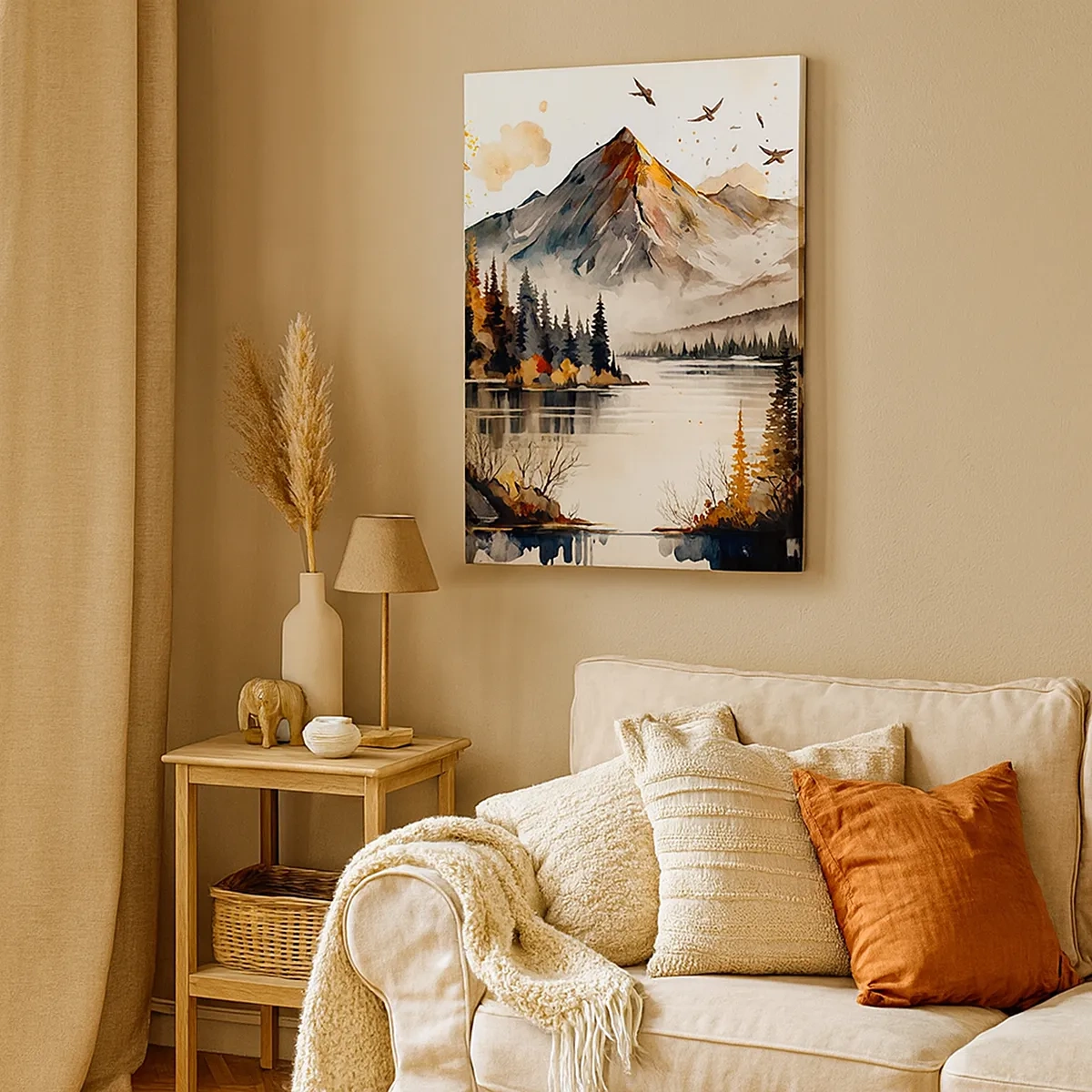 Obraz na płótnie - Jesienny krajobraz górski z jeziorem i lecącymi ptakami - 50x70cm - Złota jesień w górach - Nowoczesna dekoracja ścienna do salonu, kuchni i sypialni ARTTOR