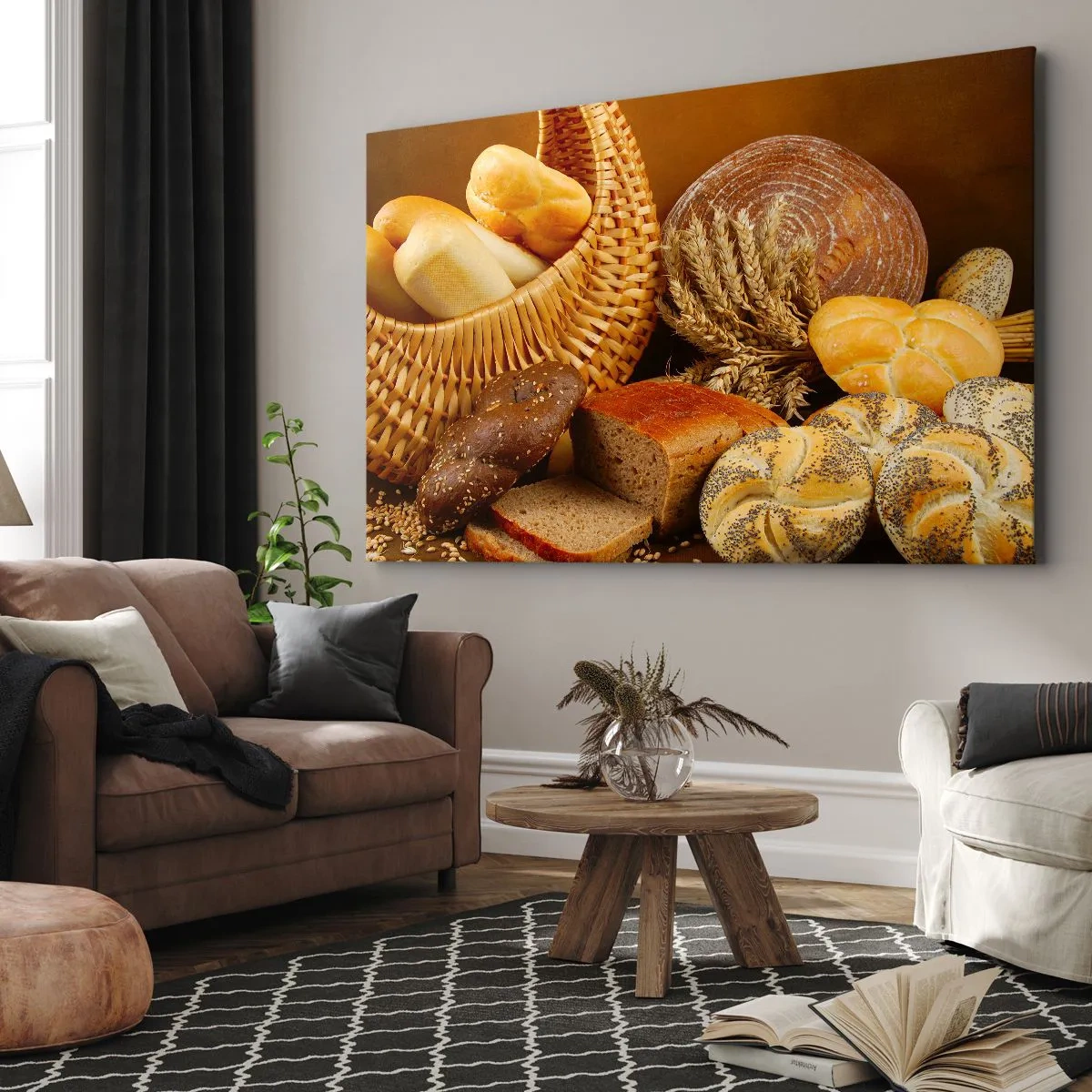 Obraz na płótnie - Różnorodne pieczywo w wiklinowym koszu na tle złotym - 70x50cm - Znowu się nam upiekło - Nowoczesna dekoracja ścienna do salonu i sypialni ARTTOR
