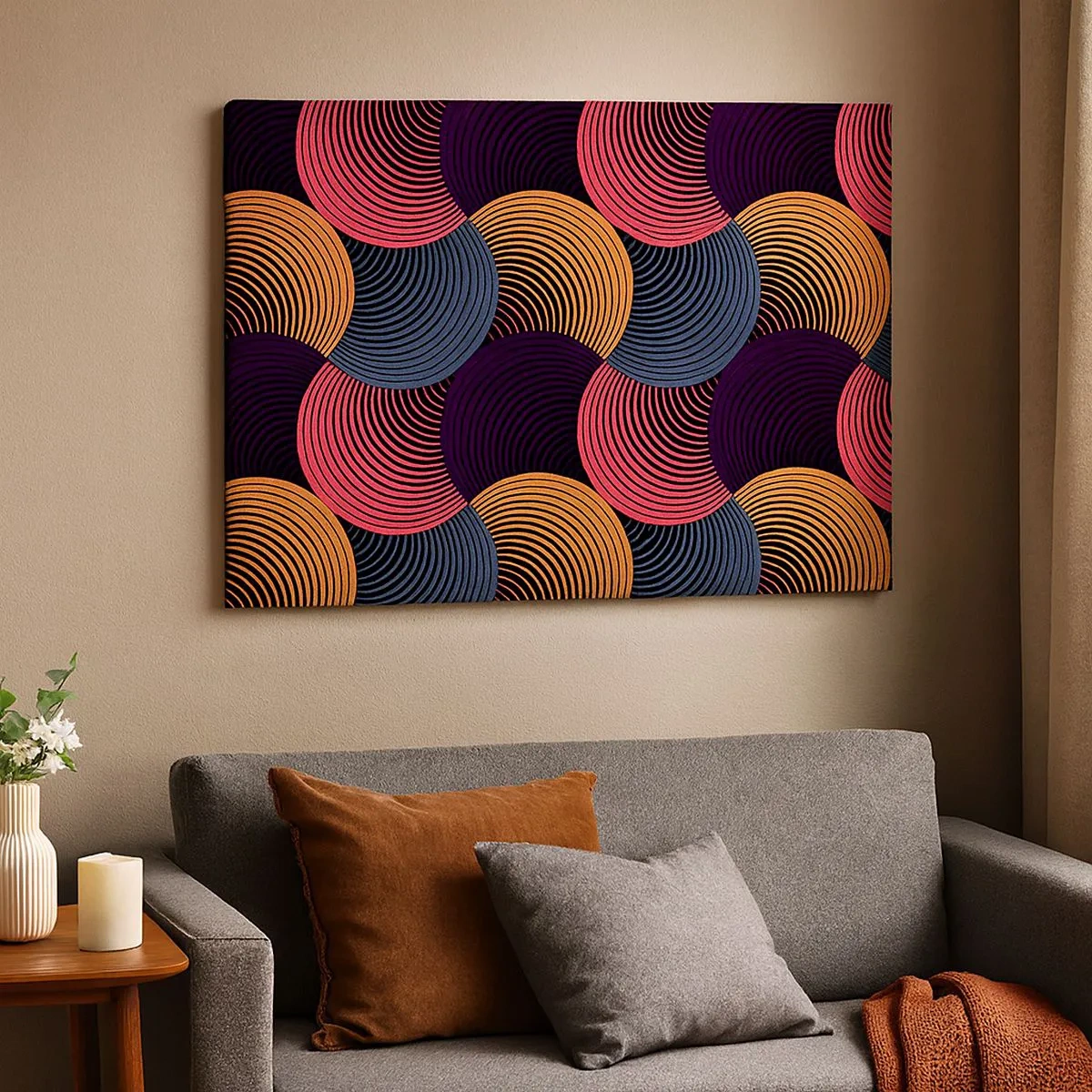 Obraz na płótnie - Geometryczne kręgi w odcieniach różu, fioletu i złota - 70x50cm - W kolistym rytmie - Nowoczesna dekoracja ścienna do salonu i sypialni ARTTOR