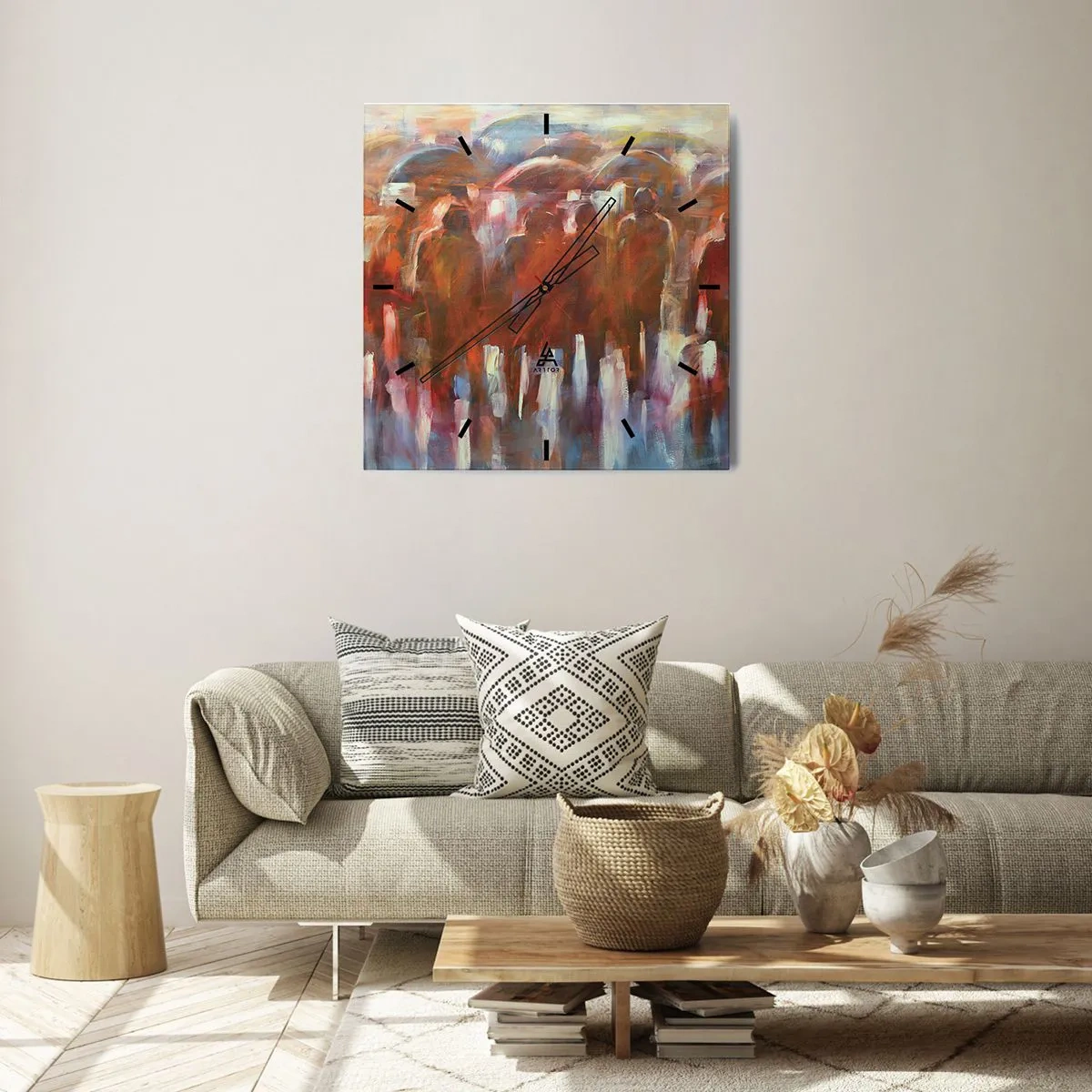 Zegar ścienny - Tłum ludzi z parasolami w deszczowej, artystycznej scenerii - 30x30cm - Równi w deszczu i mgle - Nowoczesna dekoracja ścienna do salonu i sypialni ARTTOR