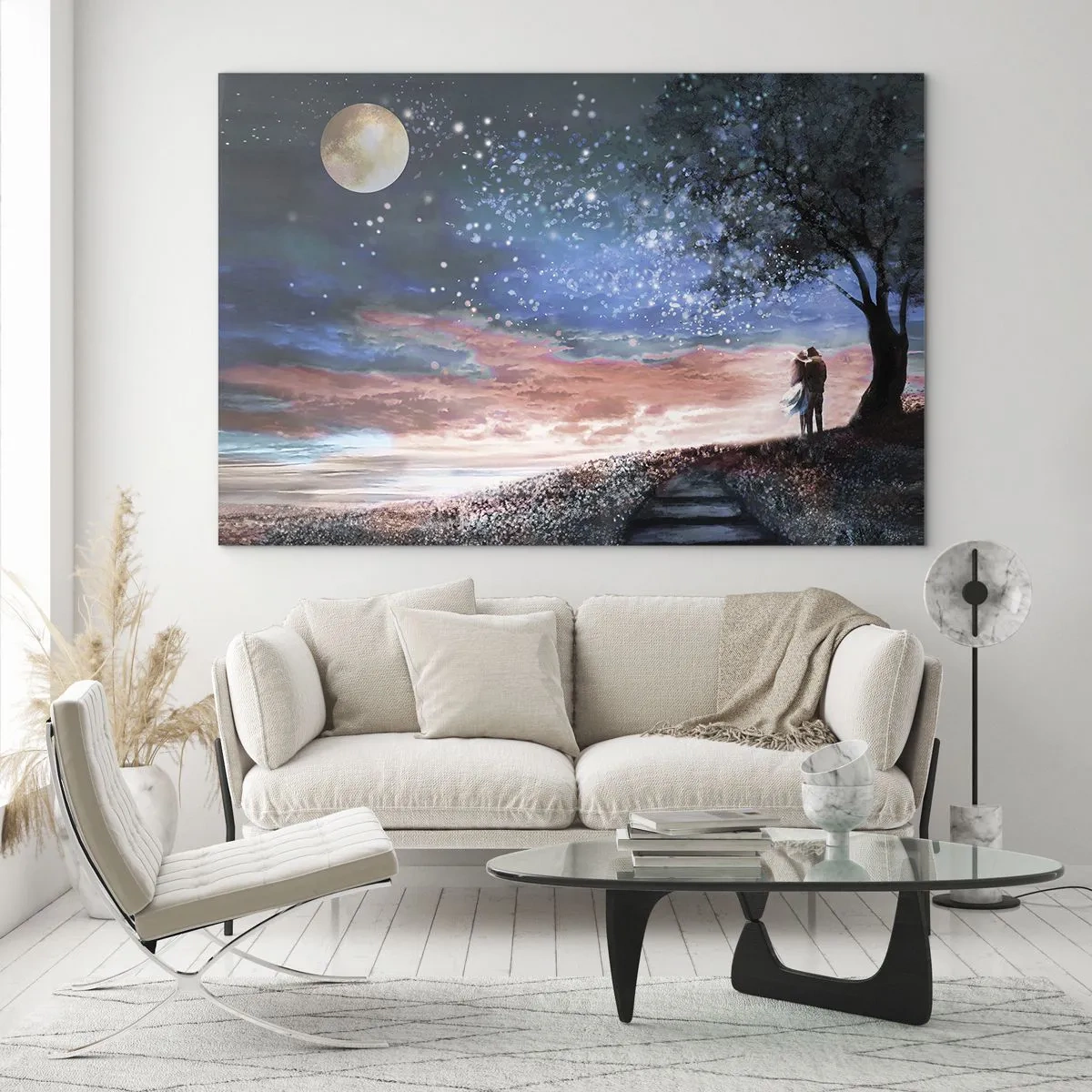 Obraz na szkle - Zakochana para pod drzewem przy księżycu i gwiazdach - 70x50cm - Gwiaździsty spektakl - Nowoczesna dekoracja ścienna do salonu i sypialni ARTTOR