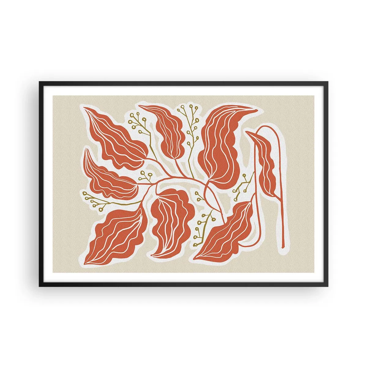 Plakat w czarnej ramie - Minimalistyczny motyw liści w odcieniach pomarańczowego i zielonego - 100x70cm - Ludowo i koralowo - Nowoczesna dekoracja ścienna do salonu i sypialni ARTTOR
