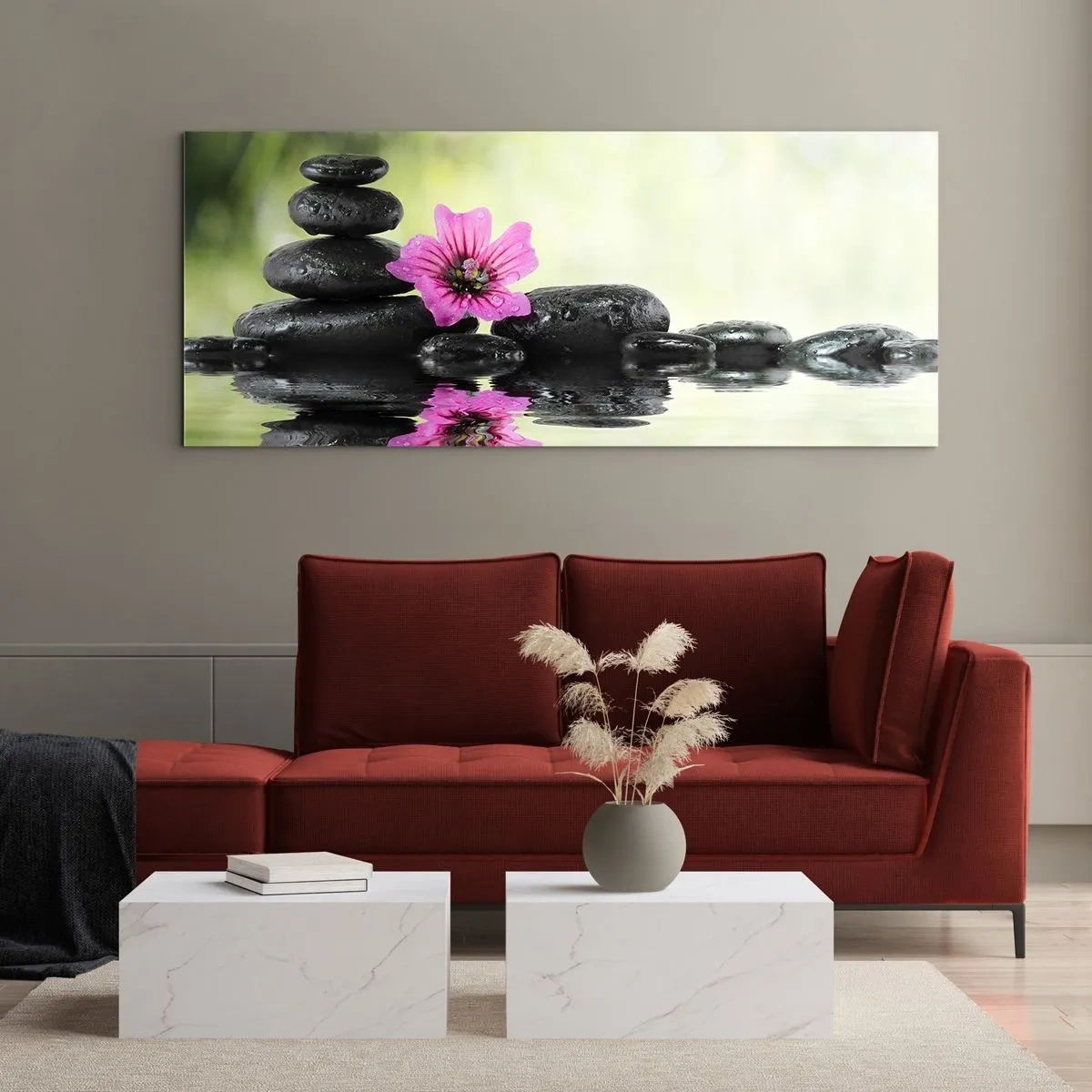 Obraz na szkle - Kamienie Zen i różowy kwiat odbijające się w wodzie - 120x50cm - Czas dla duszy - Nowoczesna dekoracja ścienna do salonu i sypialni ARTTOR