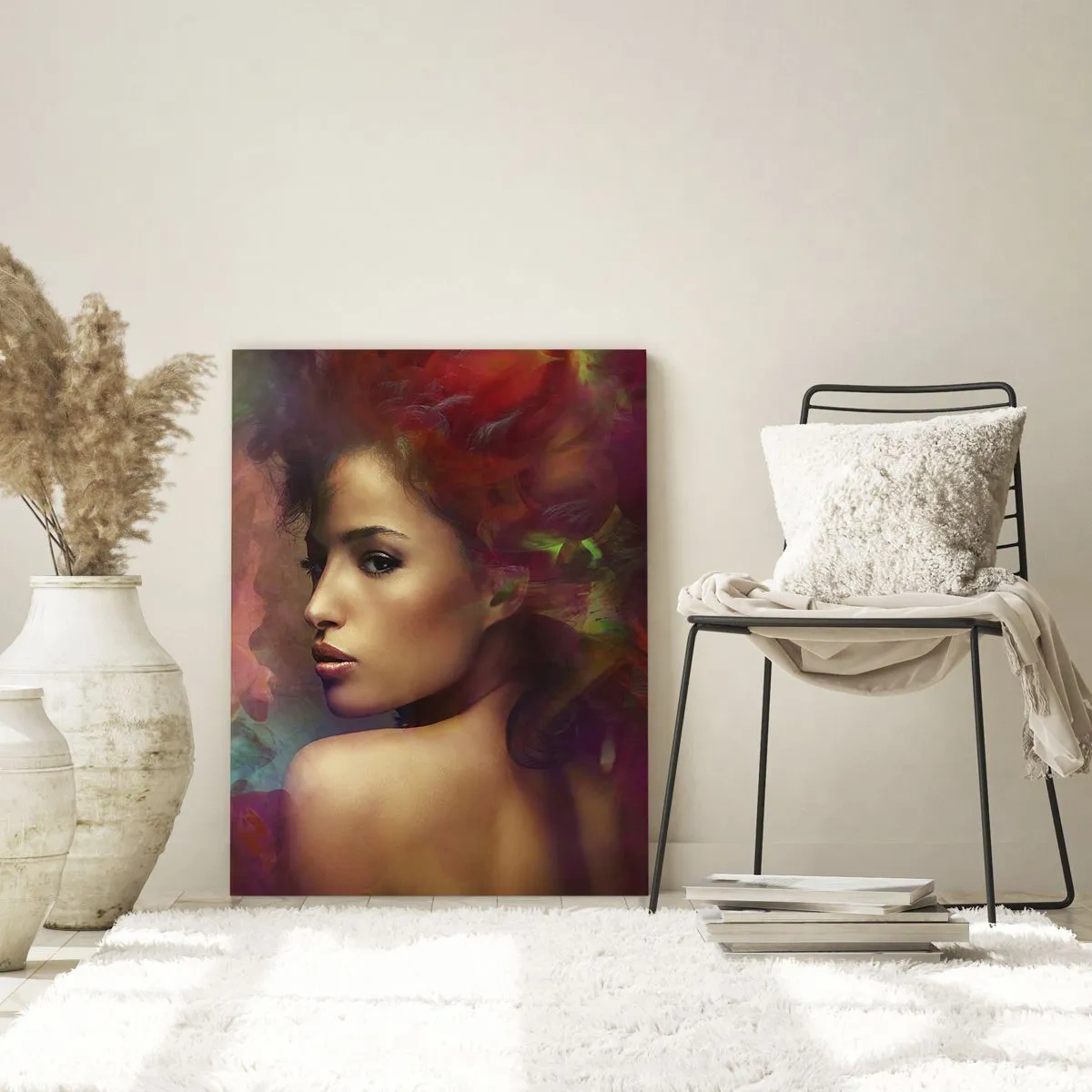 Obraz na szkle - Portret kobiety w barwnej, abstrakcyjnej oprawie - 50x70cm - Piękniejsza od tęczy, delikatna jak mgła - Nowoczesna dekoracja ścienna do salonu, kuchni i sypialni ARTTOR