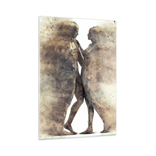 Obraz na szkle - Abstrakcyjne sylwetki dwóch postaci w pyłowym stylu - 50x70cm - Z prochu powstali, by kochać - Nowoczesna dekoracja ścienna do salonu, kuchni i sypialni ARTTOR