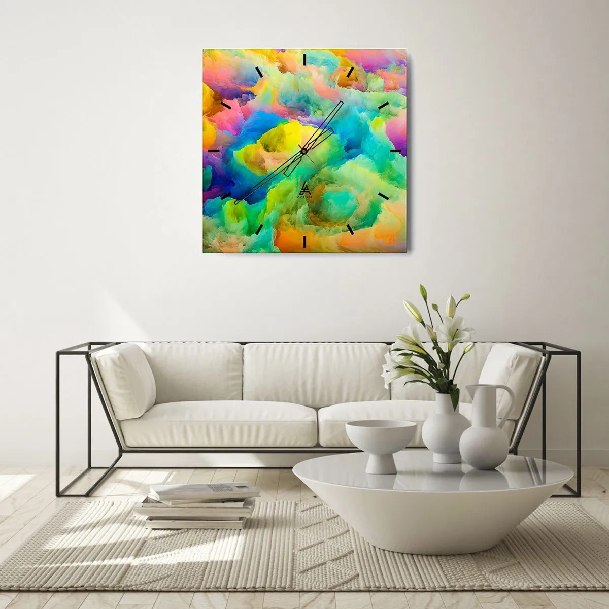 Zegar ścienny - Abstrakcyjna kompozycja w tęczowych barwach - 30x30cm - Tęczowy puch - Nowoczesna dekoracja ścienna do salonu i sypialni ARTTOR
