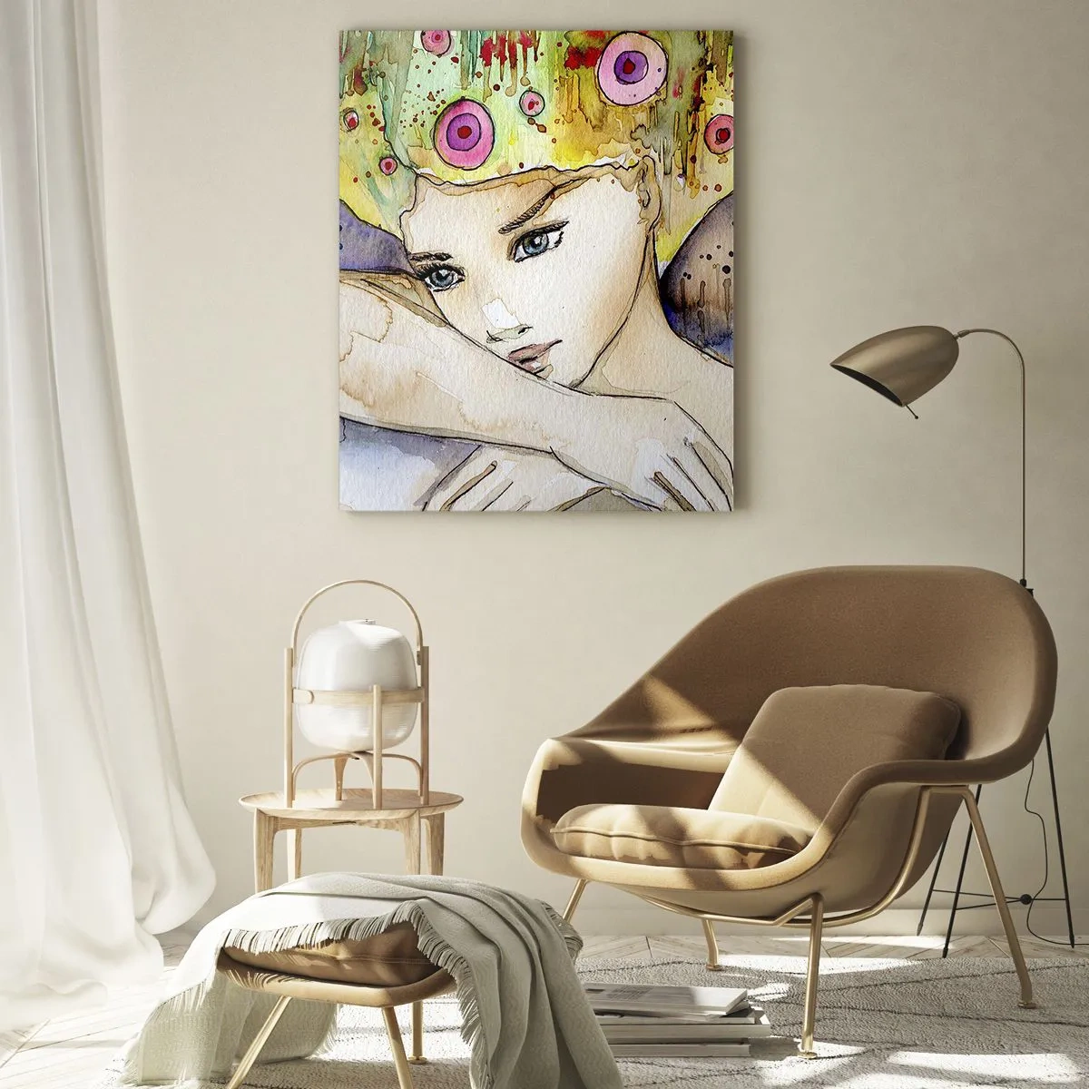 Obraz na szkle - Portret kobiety z barwną fryzurą i motylem w akwareli - 50x70cm - Motyla księżniczka - Nowoczesna dekoracja ścienna do salonu, kuchni i sypialni ARTTOR