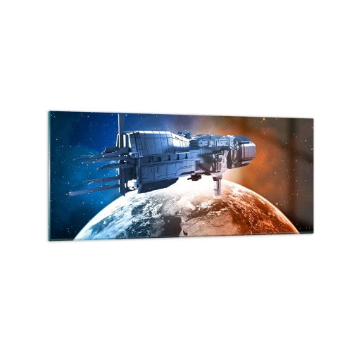 Obraz na szkle - Statek kosmiczny na tle planety w przestrzeni - 120x50cm - Uważny obserwator - Nowoczesna dekoracja ścienna do salonu i sypialni ARTTOR