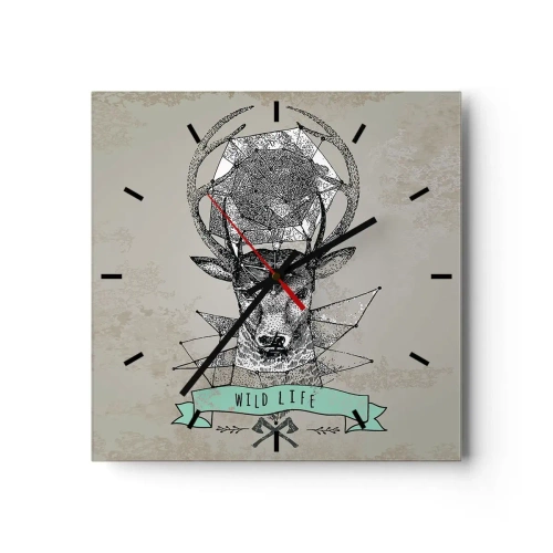 Zegar ścienny - Geometria jelenia z napisem Wild Life w stylu vintage - 30x30cm - Widzenie św. Hubertusa - Nowoczesna dekoracja ścienna do salonu i sypialni ARTTOR