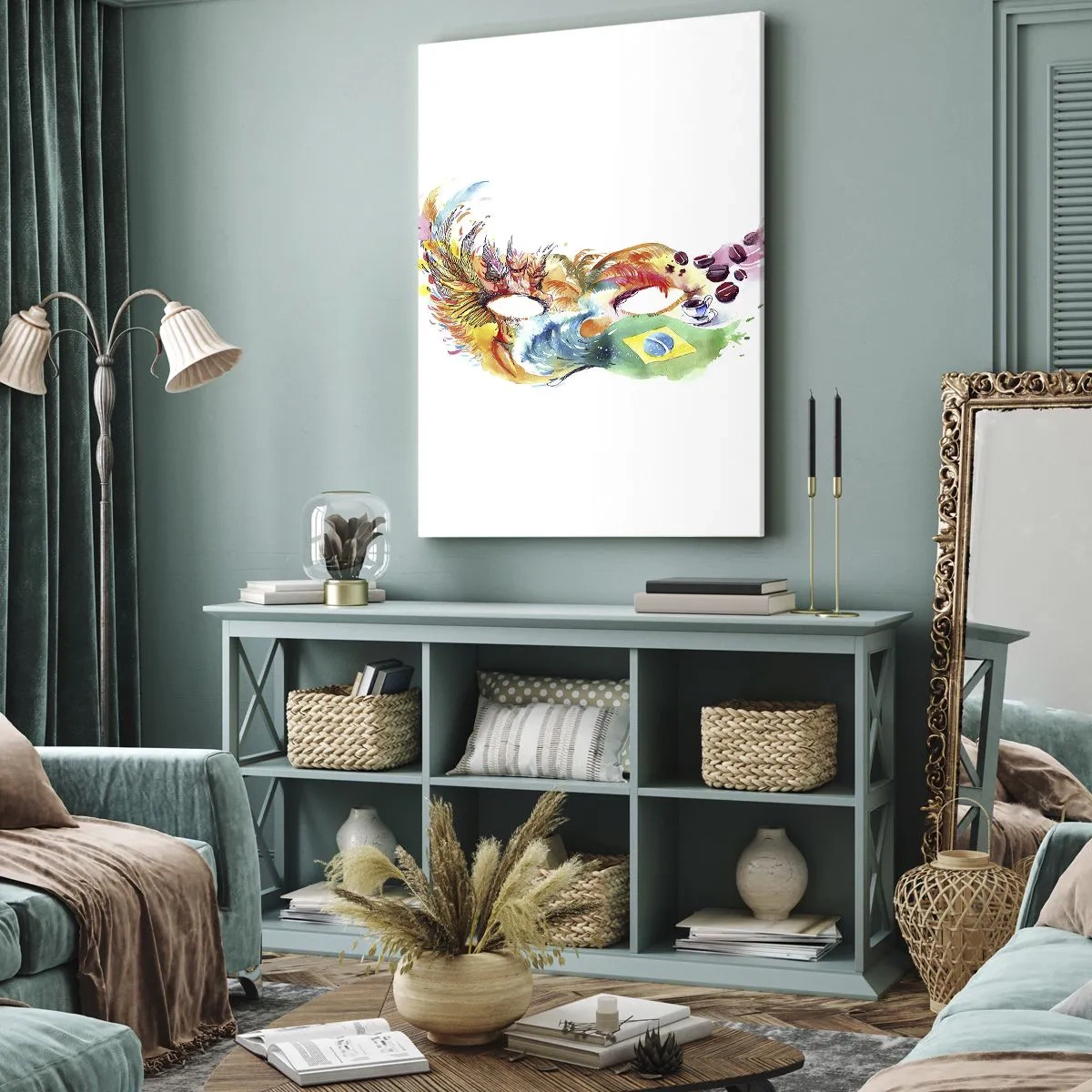 Obraz na płótnie - Kolorowa maska karnawałowa w stylu brazylijskim z akwarelowymi detalami - 50x70cm - Brazylia wita sambą - Nowoczesna dekoracja ścienna do salonu, kuchni i sypialni ARTTOR