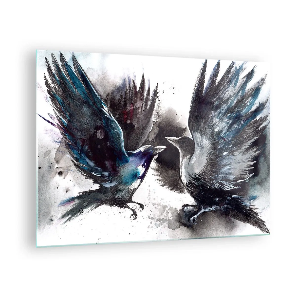 Obraz na szkle - Dwa kruki w dynamicznej pozycji z rozpostartymi skrzydłami - 70x50cm - Kruk krukowi… - Nowoczesna dekoracja ścienna do salonu i sypialni ARTTOR