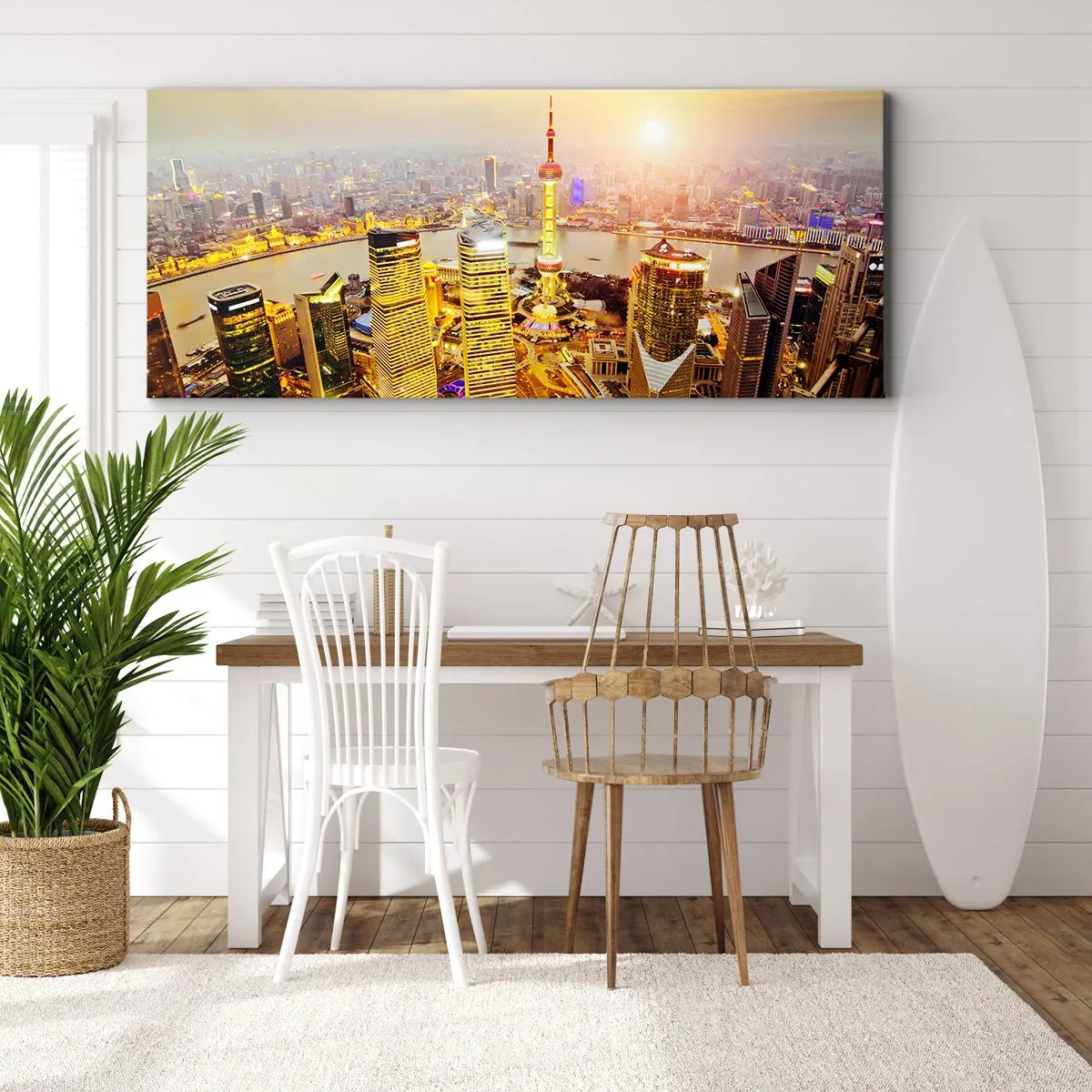 Obraz na płótnie - Panorama miasta z drapaczami chmur o zachodzie słońca - 120x50cm - Azjatycki sen - Nowoczesna dekoracja ścienna do salonu i sypialni ARTTOR