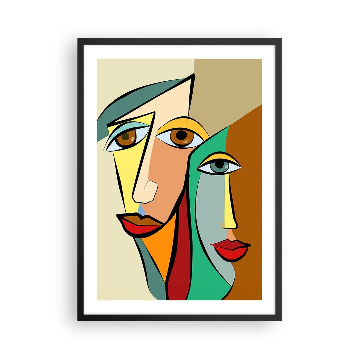 Plakat w czarnej ramie - Abstrakcyjne twarze w stylu kubistycznym w ciepłych barwach - 50x70cm - Kubistyczna para - Nowoczesna dekoracja ścienna do salonu i sypialni ARTTOR