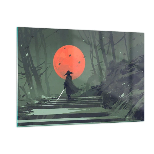 Obraz na szkle - Samotny wojownik z mieczem w lesie na tle czerwonego księżyca - 120x80cm - Wojownik czerwonego księzyca - Nowoczesna dekoracja ścienna do salonu, kuchni i sypialni ARTTOR