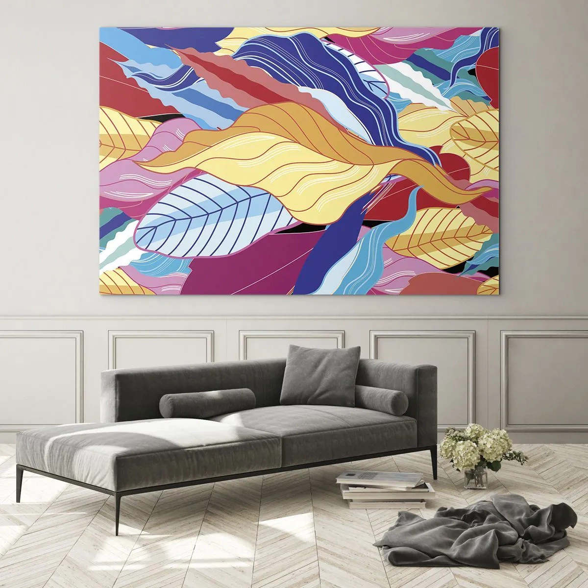 Obraz na szkle - Kolorowe abstrakcyjne liście na szklanym tle - 120x80cm - Kolorowy bałagan - Nowoczesna dekoracja ścienna do salonu, kuchni i sypialni ARTTOR