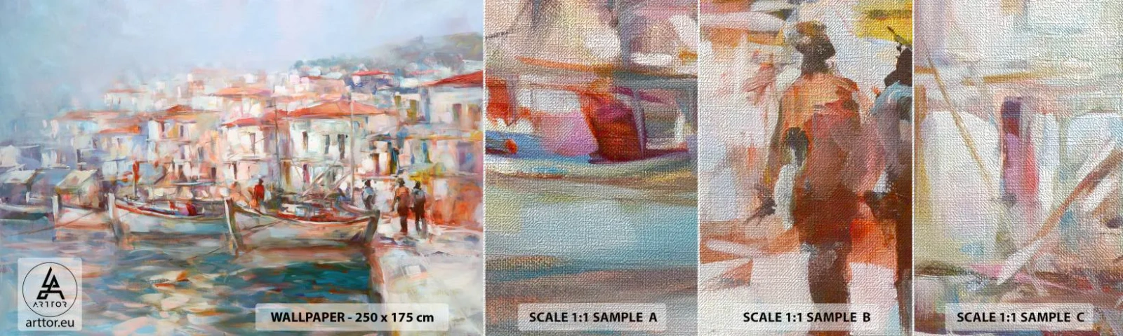 Fototapeta Próbka Premium Canvas - Pastelowe wakacje - Miasto Portowe, Architektura, Łódź Rybacka - 100x30 cm