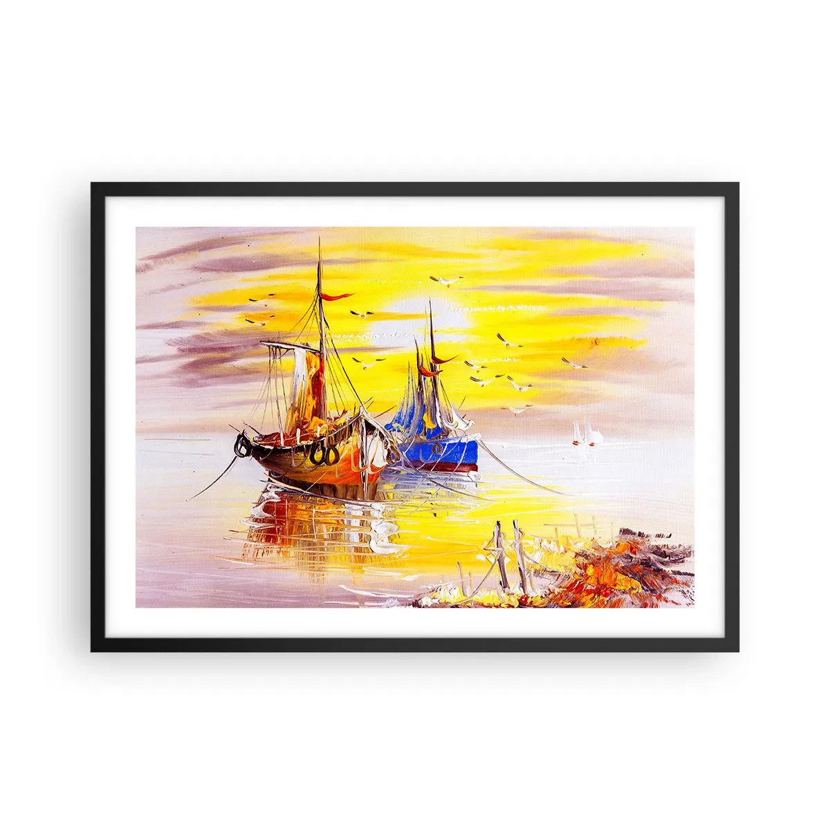 Plakat w czarnej ramie - Malarska scena z łodziami na spokojnym morzu - 70x50cm - Zasłużony odpoczynek w porcie - Nowoczesna dekoracja ścienna do salonu i sypialni ARTTOR