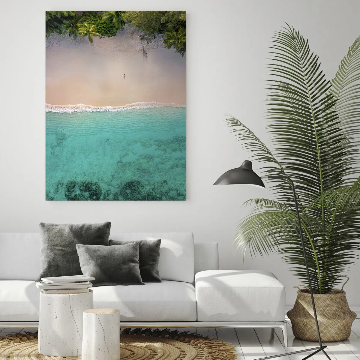 Obraz na szkle - Tropikalna plaża z lotu ptaka i turkusowe morze - 50x70cm - Rajska plaża - Nowoczesna dekoracja ścienna do salonu, kuchni i sypialni ARTTOR