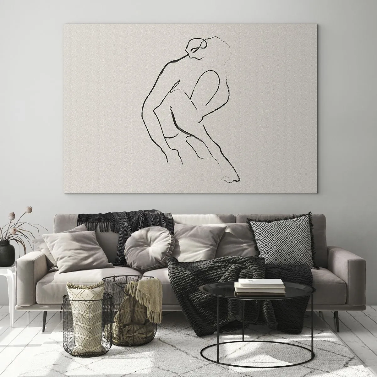 Obraz na szkle - Minimalistyczny szkic kobiecej sylwetki w pozycji siedzącej - 70x50cm - Szkic intymny - Nowoczesna dekoracja ścienna do salonu i sypialni ARTTOR