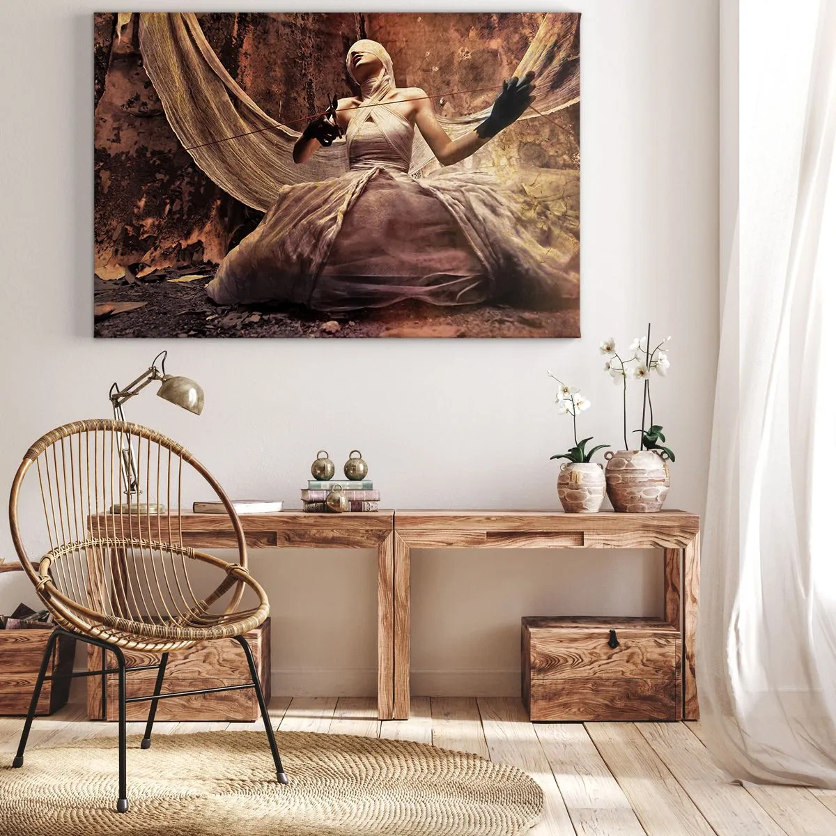 Obraz na płótnie - Kobieta w sukni z zasłoniętą twarzą i nożyczkami w rękach - 70x50cm - Bogini losu - Nowoczesna dekoracja ścienna do salonu i sypialni ARTTOR