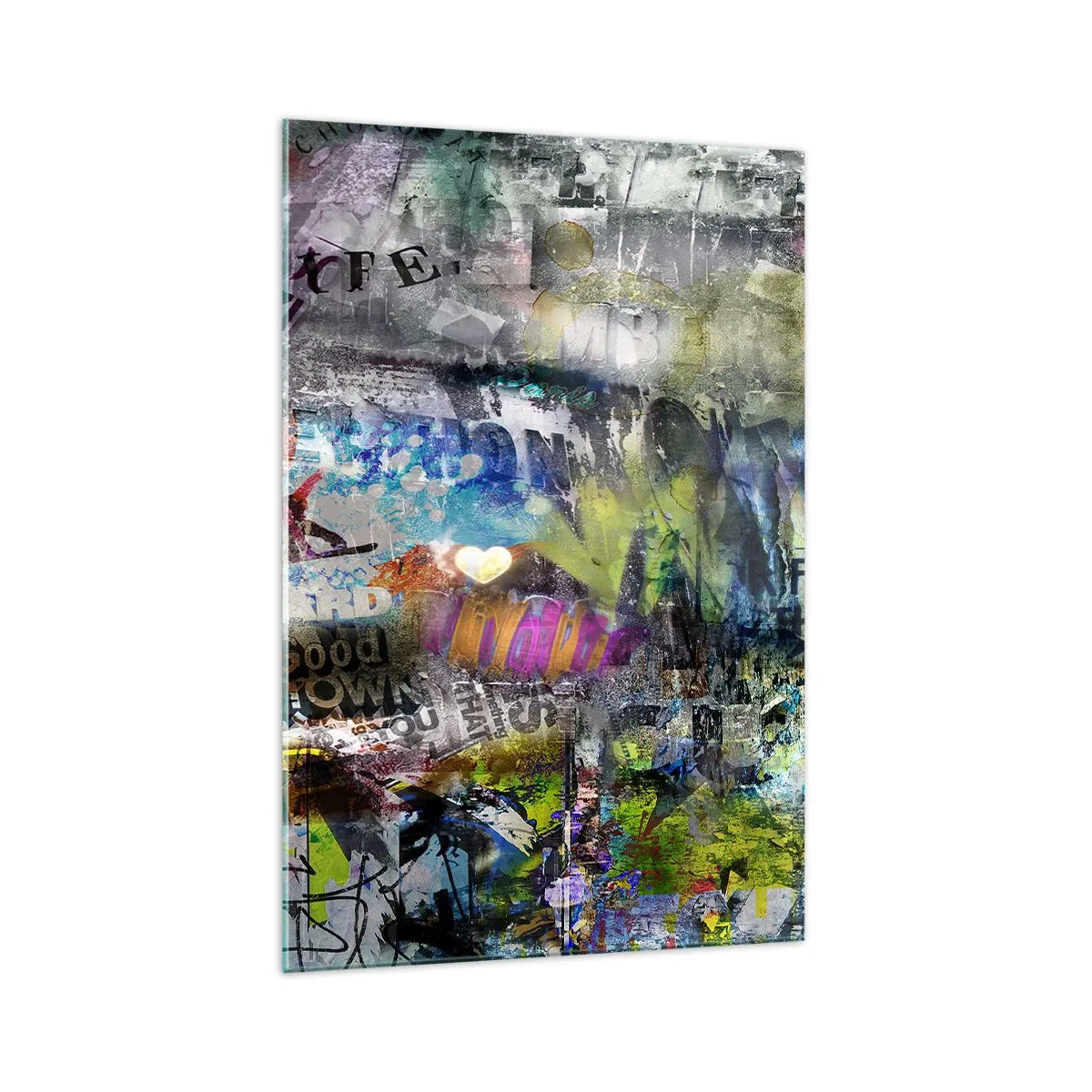 Obraz na szkle - Abstrakcyjny kolaż z tekstami i różnorodnymi kolorami - 70x100cm - Kolaż wspomnień - Nowoczesna dekoracja ścienna do salonu i sypialni ARTTOR