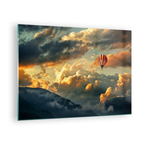 Obraz na szkle - Balon unoszący się nad górami wśród chmur przy zachodzie słońca - 70x50cm - Lecę, bo chcę - Nowoczesna dekoracja ścienna do salonu i sypialni ARTTOR